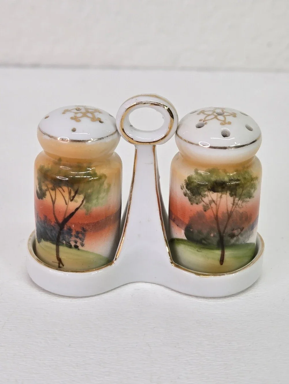 Antique Noritake Tree in Meadow Hand Painted Salt Pepper Shakers Set Caddy Japan